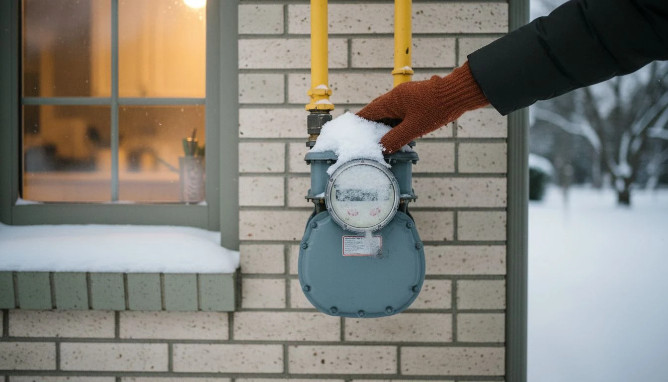 average gas bill: a mittened hand brushing snow off a residential natural gas meter beside a warm-lit kitchen window in winter - The Cozy Budget