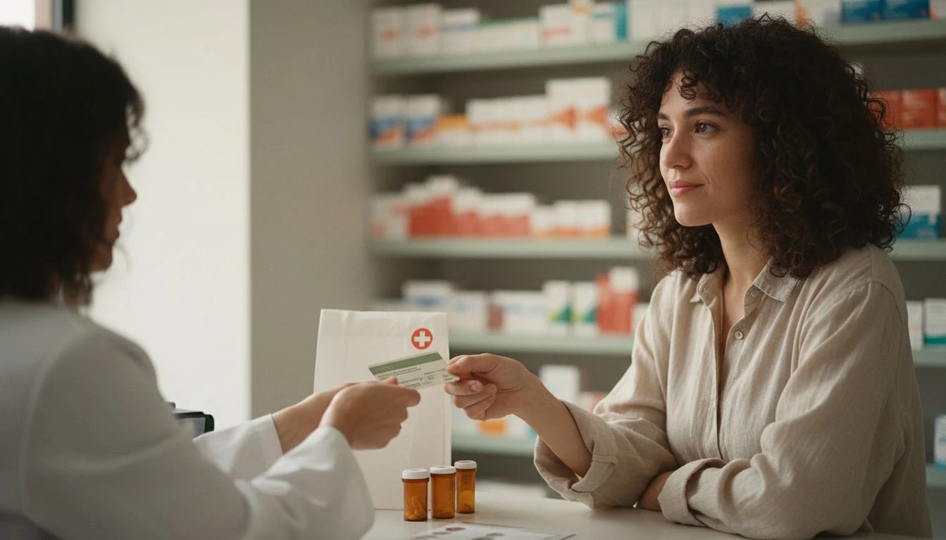 average health insurance cost per month: a woman handing her health insurance card to a pharmacist at the prescription pickup counter - The Cozy Budget