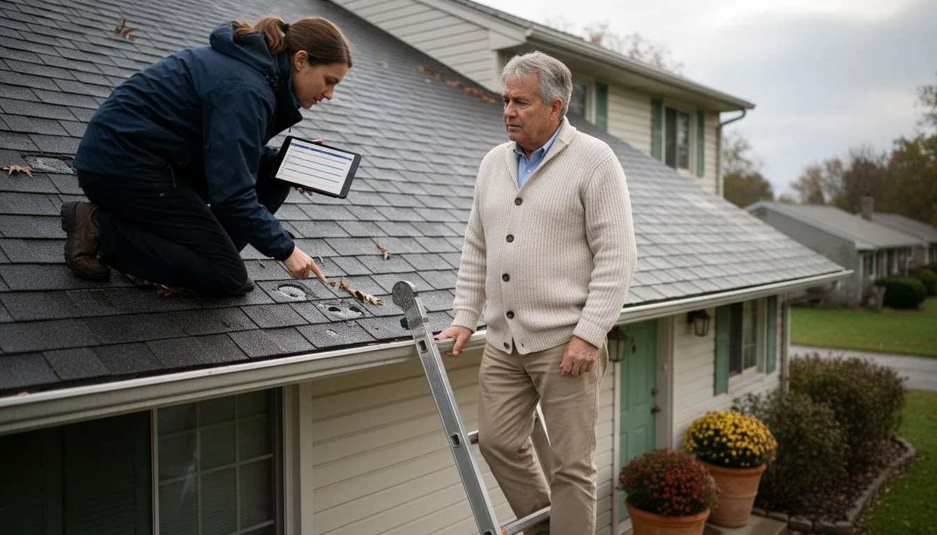average home insurance cost: an insurance adjuster pointing out hail-damaged roof shingles to an older homeowner standing at the top of a ladder - The Cozy Budget