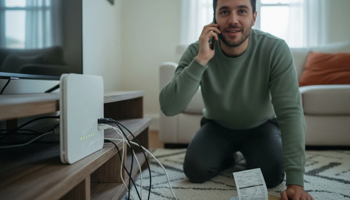 average internet bill: a man on the phone with his provider beside his home WiFi router, monthly bill on the rug - The Cozy Budget