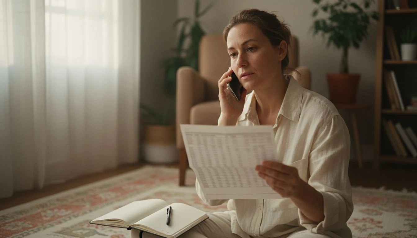 average phone bill: a woman on a call with her carrier holding an itemized phone statement - The Cozy Budget