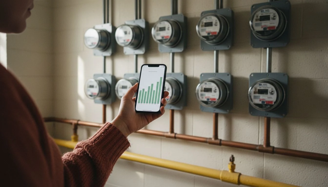 average utility bill: a woman checking her monthly usage chart on her phone in front of her apartment building's electric meters - The Cozy Budget