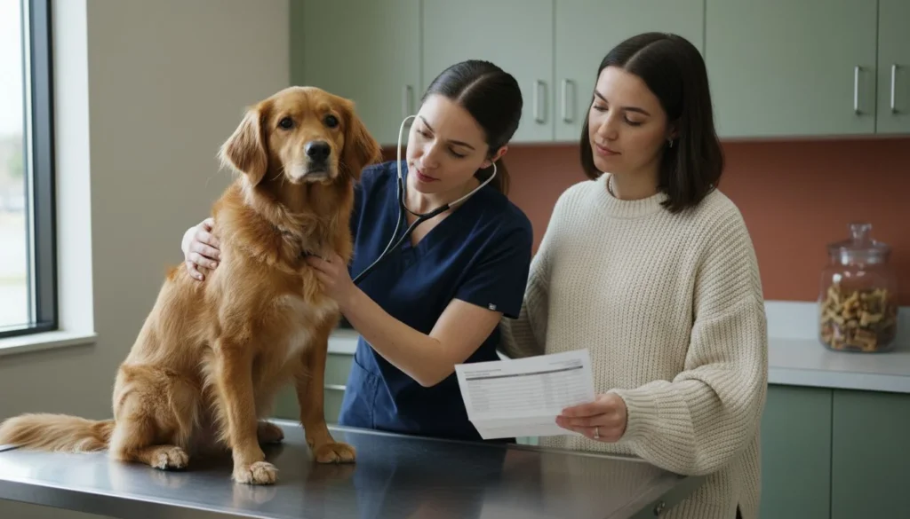 average vet visit cost: a veterinarian examining a dog on the exam table while the owner holds a printed itemized estimate - The Cozy Budget