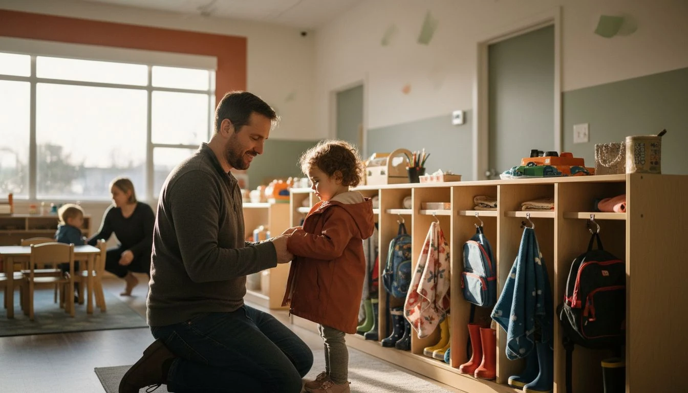 daycare cost: a dad zipping his toddler's jacket at the cubbies during morning drop-off at a daycare center - The Cozy Budget