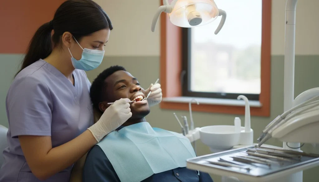 how much does a dental cleaning cost: a dental hygienist cleaning a young man's teeth in the dental chair under the exam light - The Cozy Budget