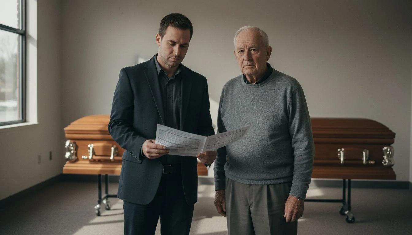 how much does a funeral cost: a son and his elderly father reading a printed price list in a funeral home selection room - The Cozy Budget