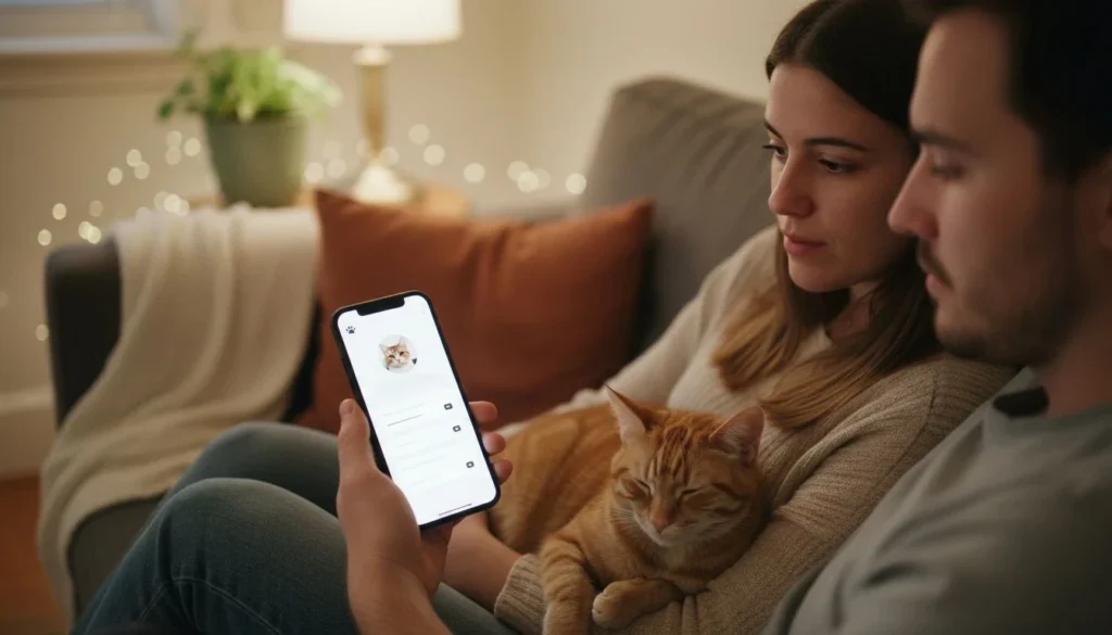 how much is pet insurance: a young couple on the sofa with their orange tabby cat, checking a pet insurance quote on a phone - The Cozy Budget