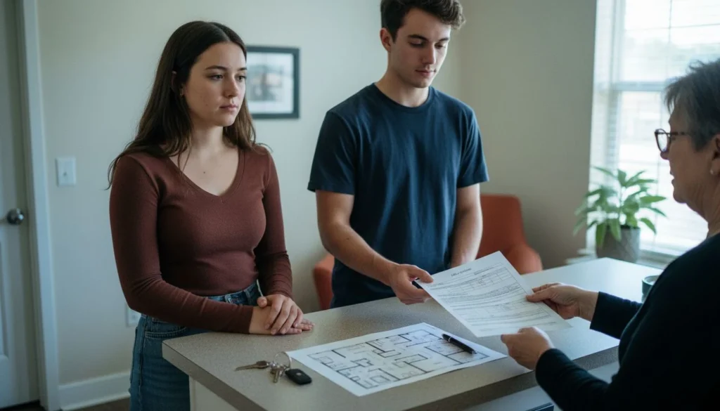 how much should you spend on rent: a couple at an apartment leasing counter reviewing a lease with keys and a floor plan - The Cozy Budget