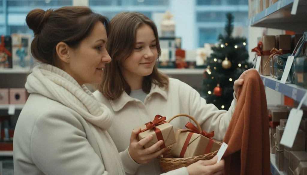 how much to spend on christmas: a mother and teen daughter comparing prices in a store's holiday gift aisle with a basket - The Cozy Budget