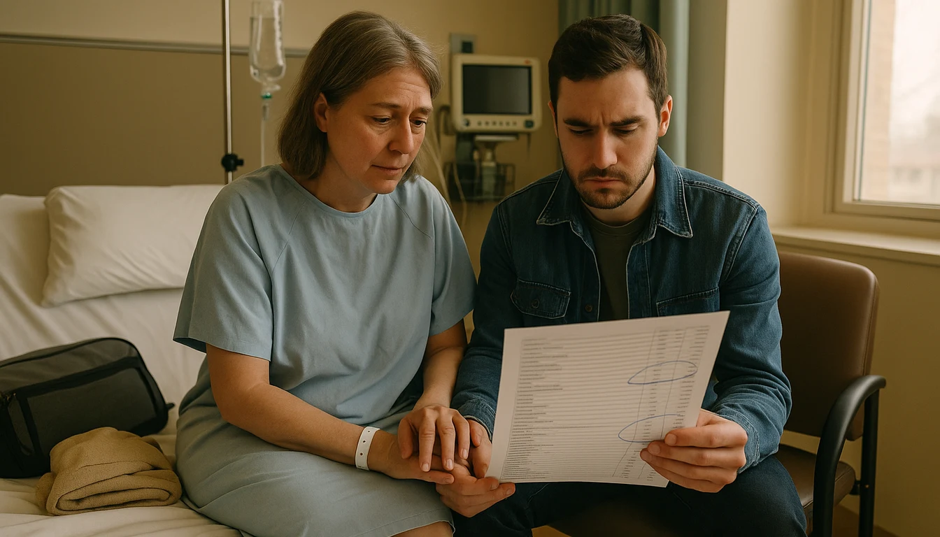 negotiate medical bills: a son and his mother in a hospital gown going over an itemized hospital bill on discharge day - The Cozy Budget