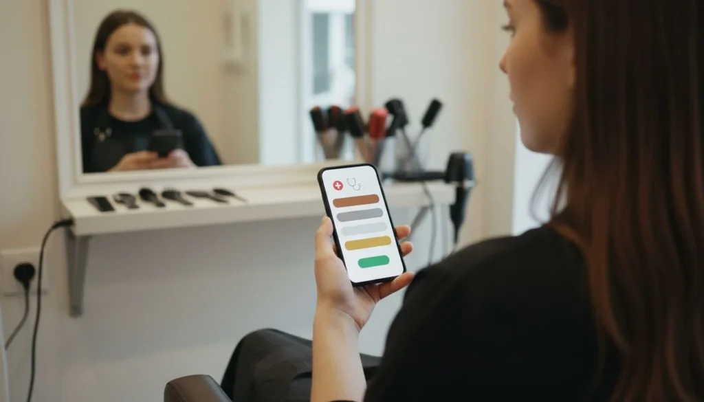 aca open enrollment: a self-employed hairstylist on a break in her empty salon, holding a phone showing health plan options in bronze, silver and gold - The Cozy Budget