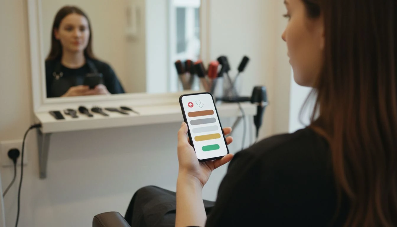 aca open enrollment: a self-employed hairstylist on a break in her empty salon, holding a phone showing health plan options in bronze, silver and gold - The Cozy Budget