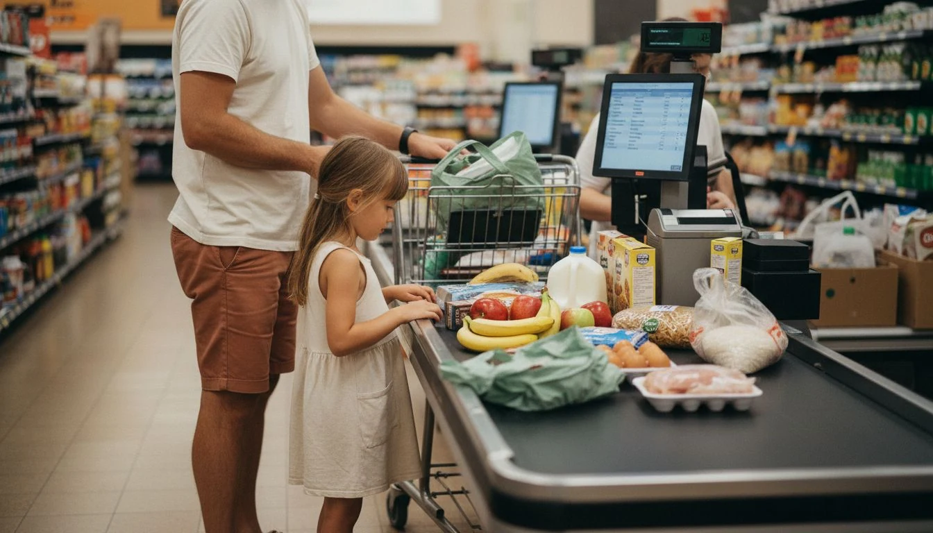 average grocery bill per month: a dad and his young daughter unloading a week of family groceries onto the supermarket checkout belt - The Cozy Budget