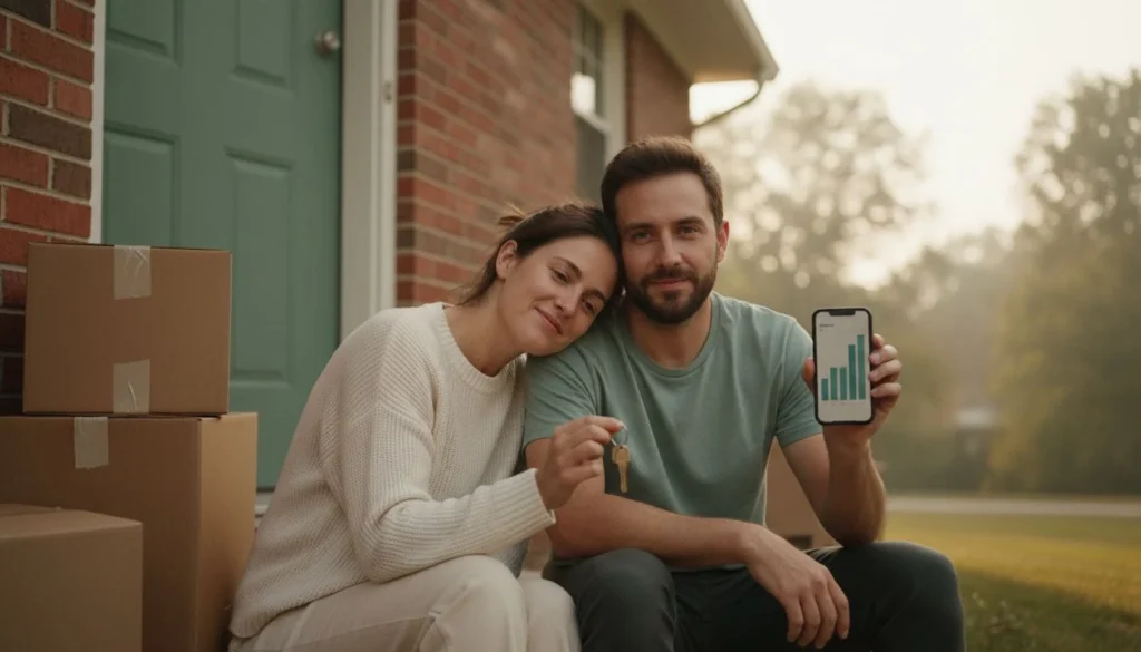 average mortgage payment: a young couple on the front steps of their small starter home with moving boxes, checking a monthly payment breakdown on a phone - The Cozy Budget