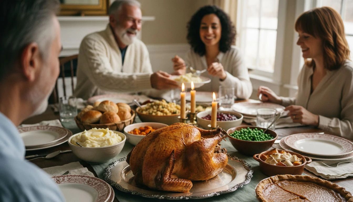 how much does thanksgiving dinner cost: family and friends passing side dishes around a home Thanksgiving table with a roast turkey in front - The Cozy Budget