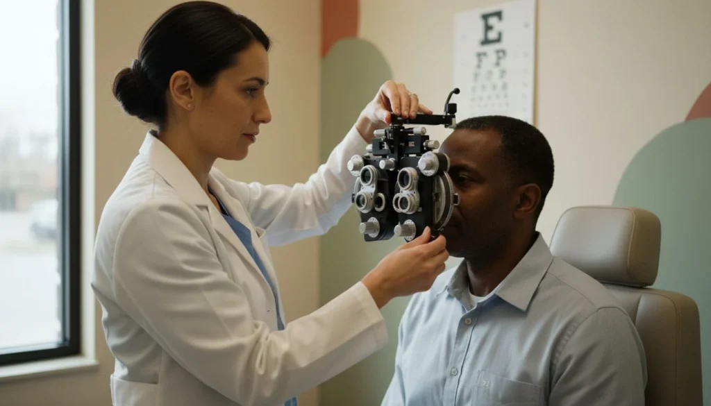 how much is an eye exam: an optometrist adjusting a phoropter in front of a middle-aged man during a vision test, eye chart on the wall behind them - The Cozy Budget
