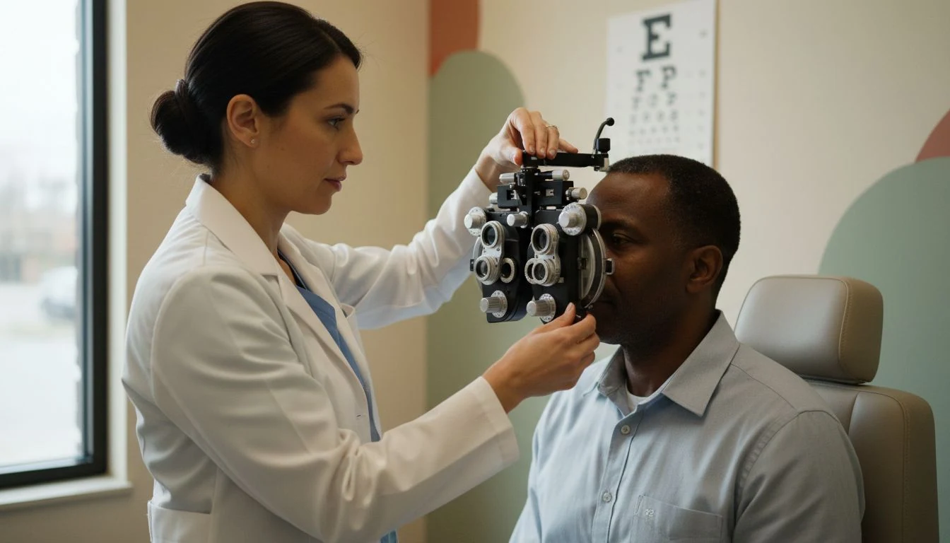 how much is an eye exam: an optometrist adjusting a phoropter in front of a middle-aged man during a vision test, eye chart on the wall behind them - The Cozy Budget