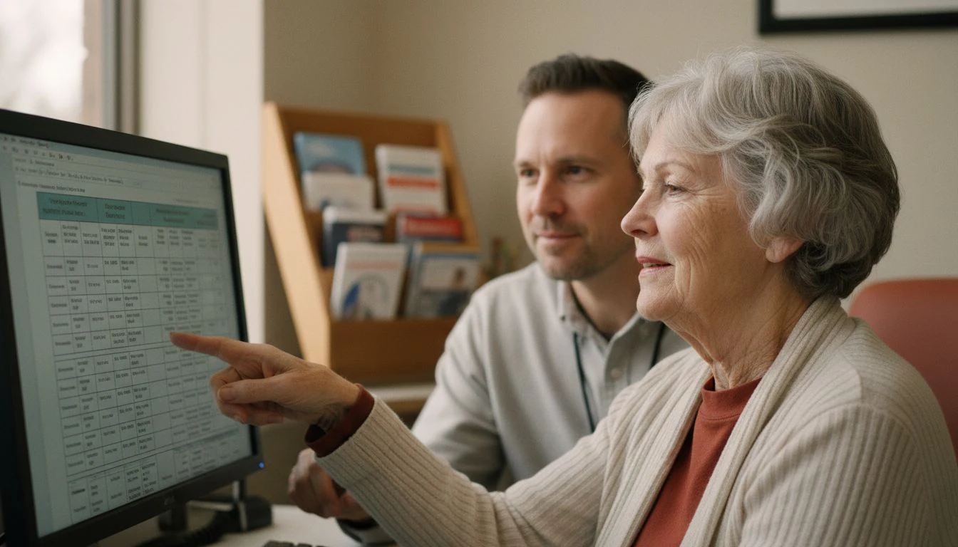 medicare open enrollment: a retired woman and a volunteer counselor comparing plans side by side on a computer screen at a senior center help desk - The Cozy Budget